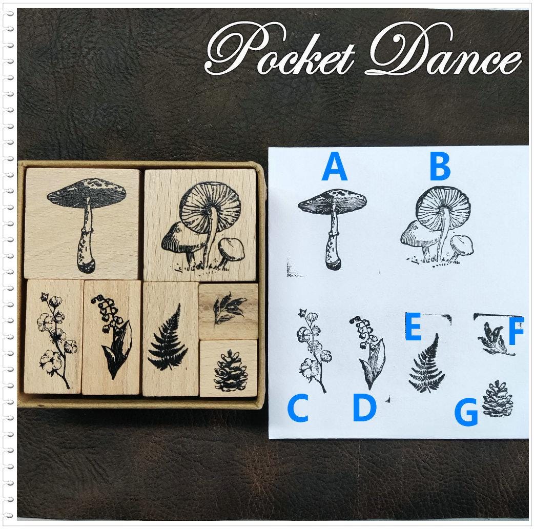Plant Rubber Stamp Set: Mushroom, Bluebells, Pinenut - Scrapbook Supply