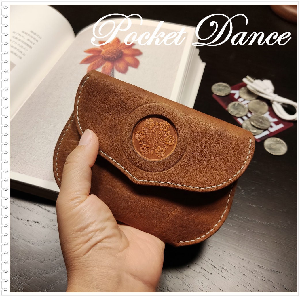 Handmade Rose Engraved Leather Coin Purse: Small Card Wallet