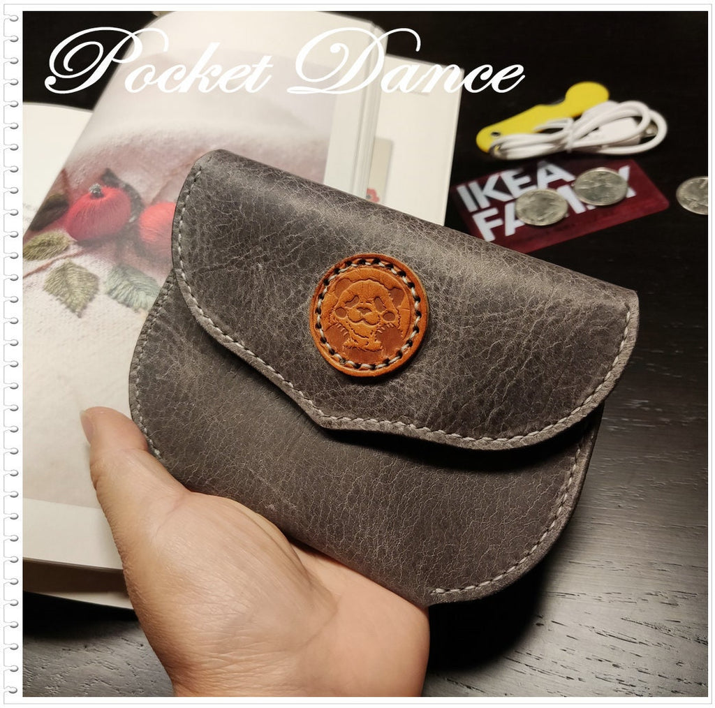 Handmade Gray Leather Coin Purse: Panda Card Wallet
