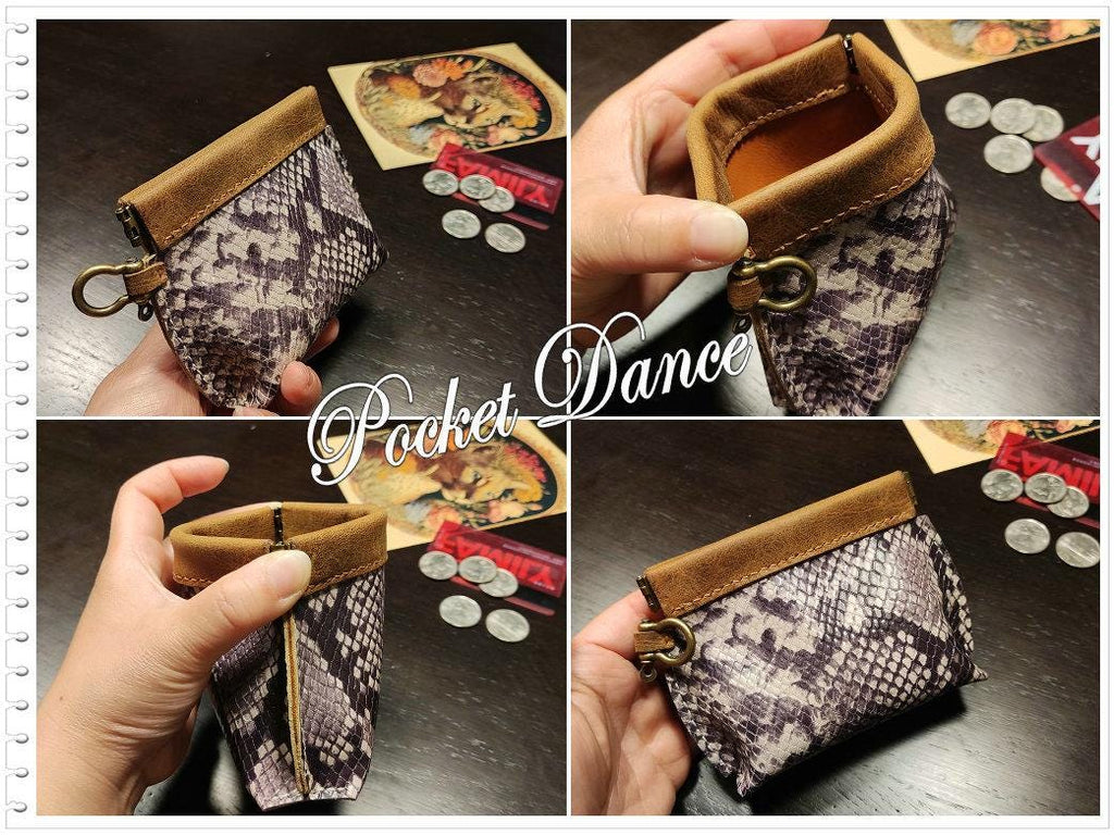 Handmade Leather Squeeze Coin Purse: Snake Pattern Flex Frame