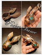 Handmade Leather Rabbit Keychain & Brooch: Green Stone Eyes