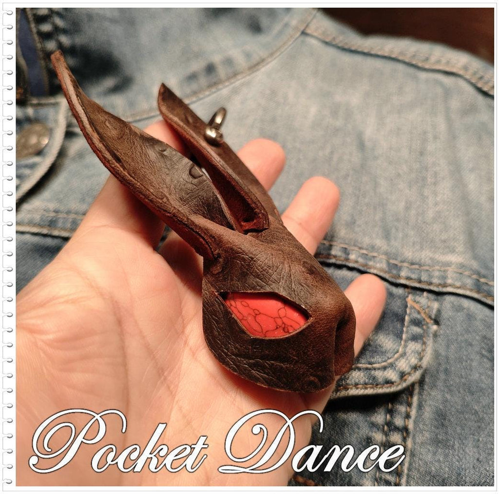 Handmade Leather Rabbit Brooch: Red Stone Eyes