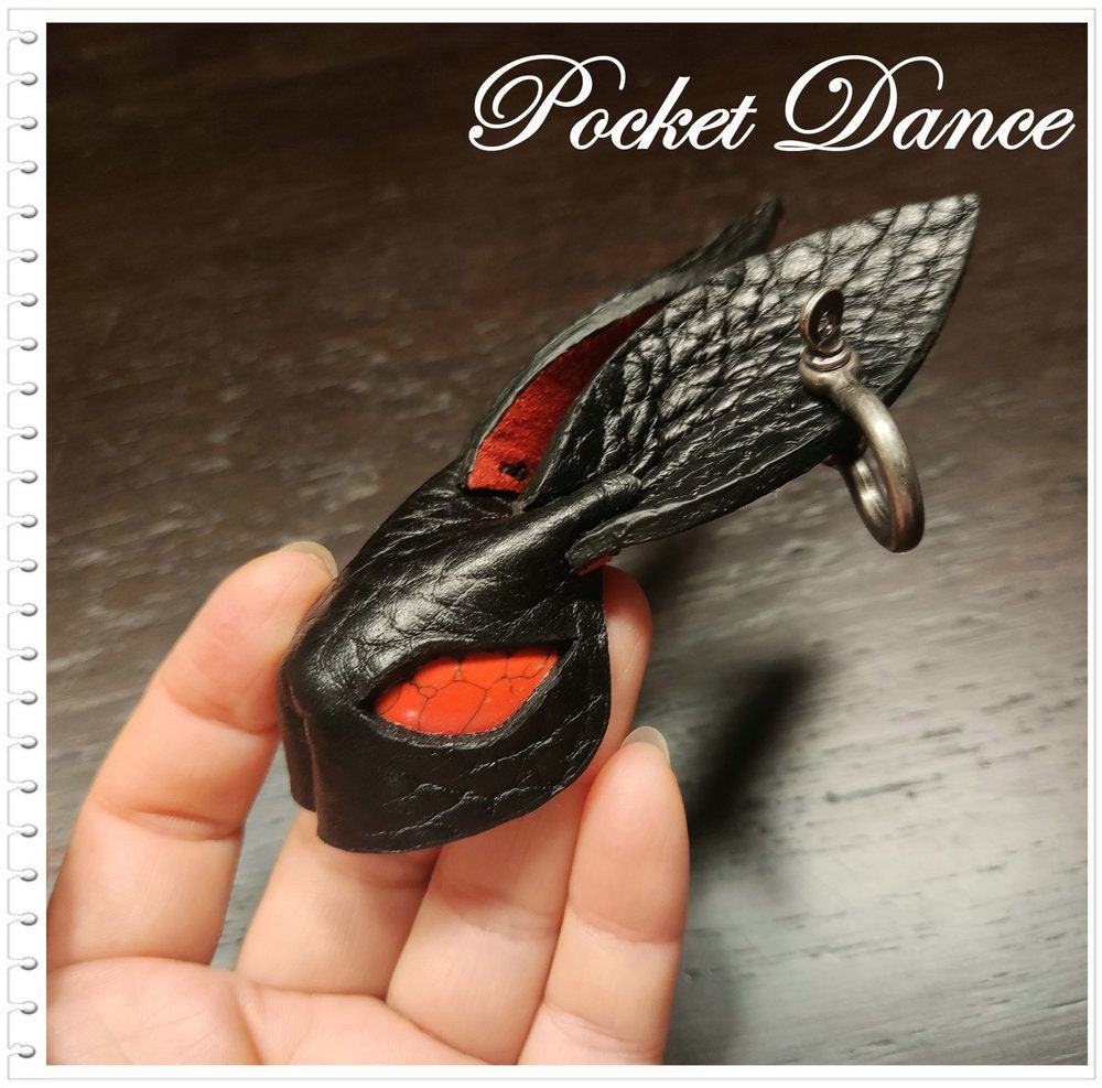 Handmade Leather Rabbit Keychain: Black Bunny Keyring with Red Stone Eyes