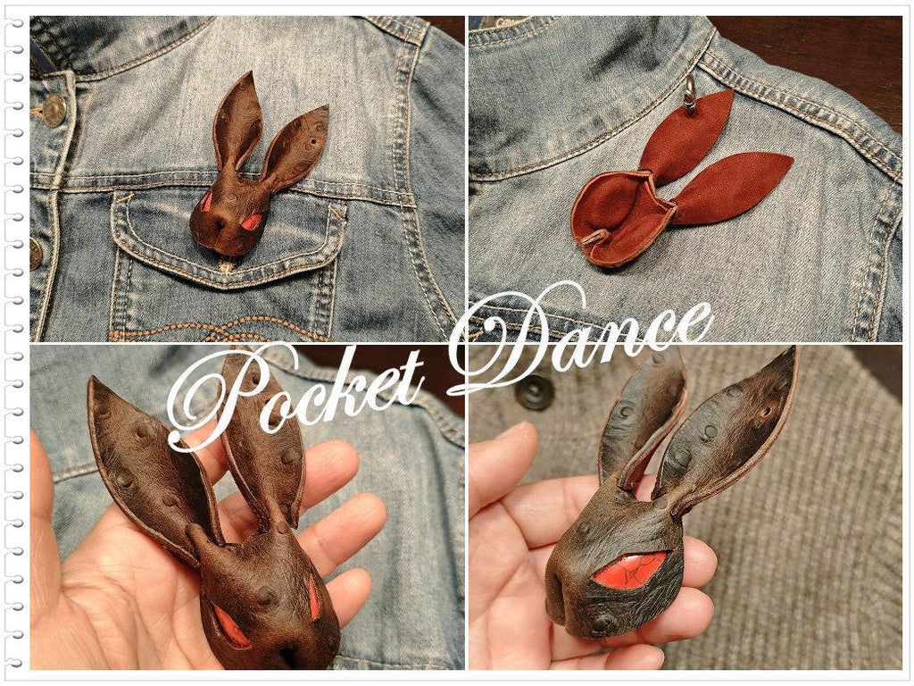 Handmade Leather Rabbit Keychain or Brooch: Brown Bunny Keyring with Red Stone Eyes