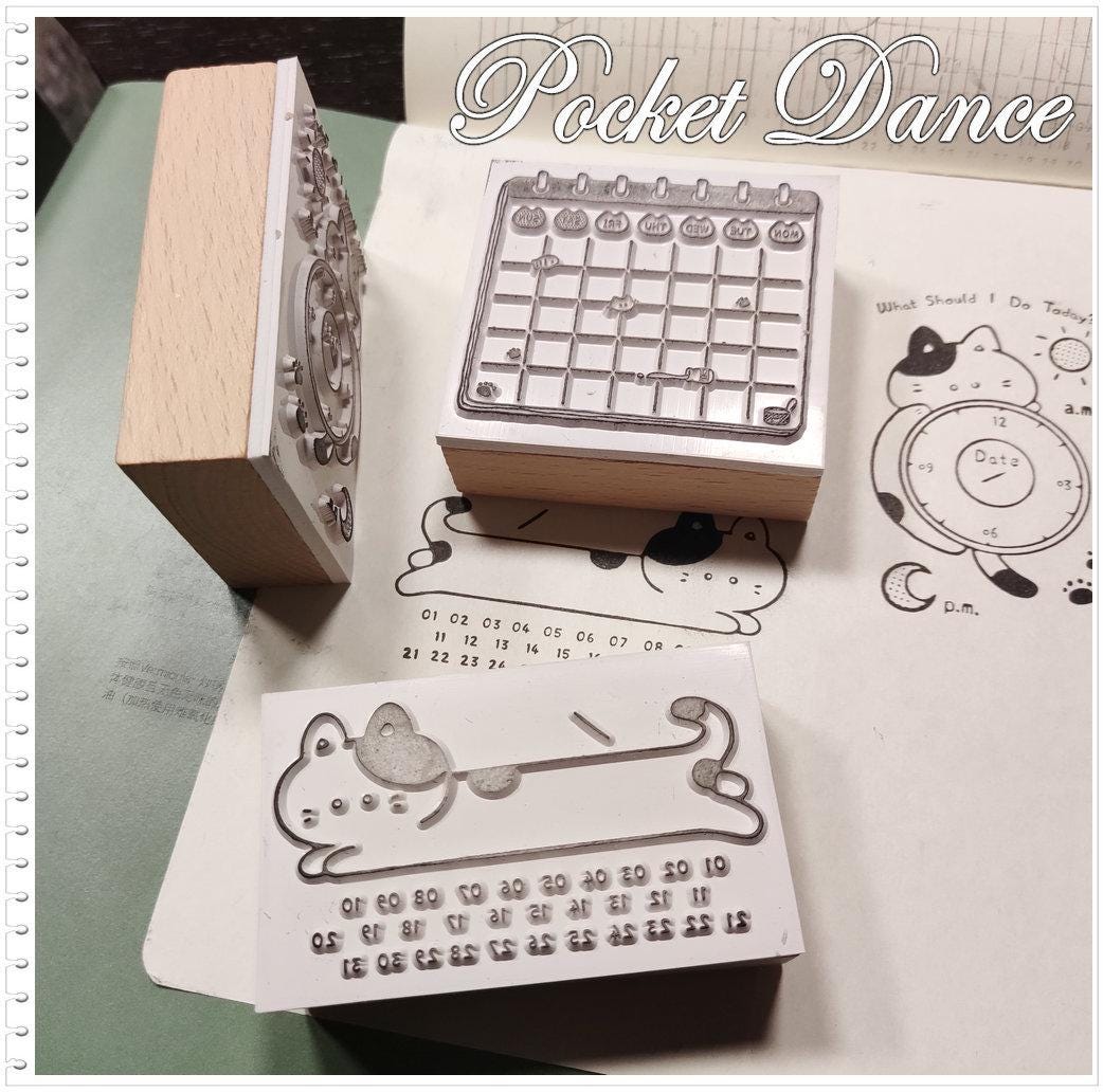Cat Rubber Stamp Set: Wooden Planner Stamps for Journaling