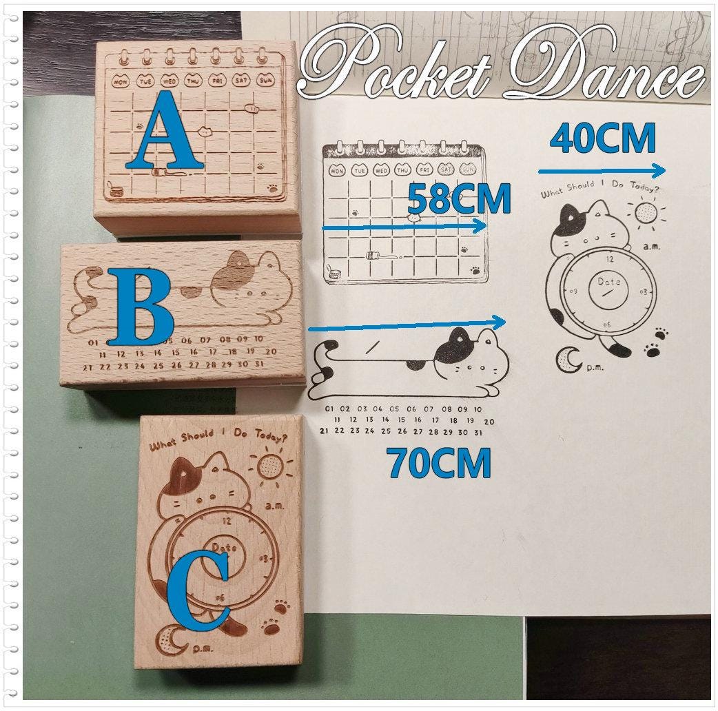 Cat Rubber Stamp Set: Wooden Planner Stamps for Journaling