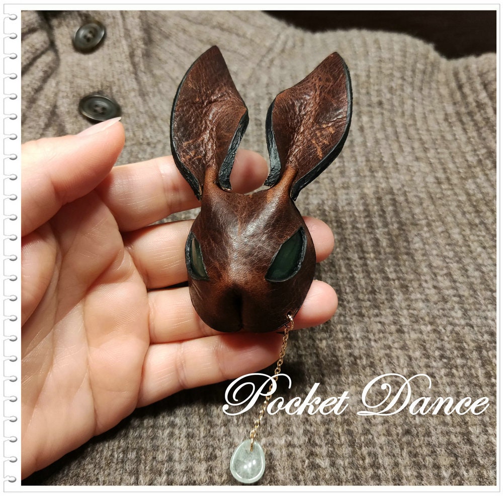 Handmade Leather Rabbit Brooch: Green Stone Eyes, Bunny Keychain