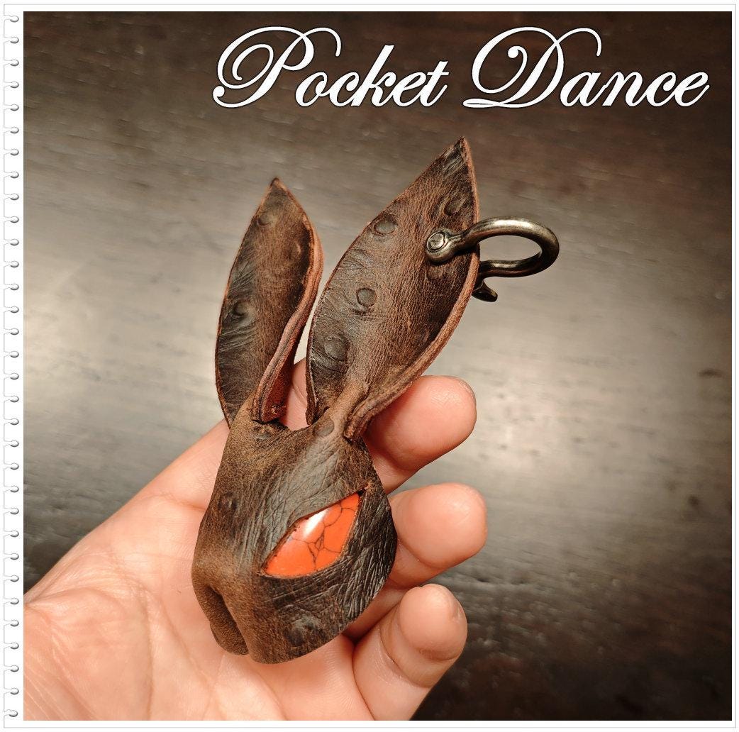 Handmade Leather Rabbit Keychain or Brooch: Brown Bunny Keyring with Red Stone Eyes