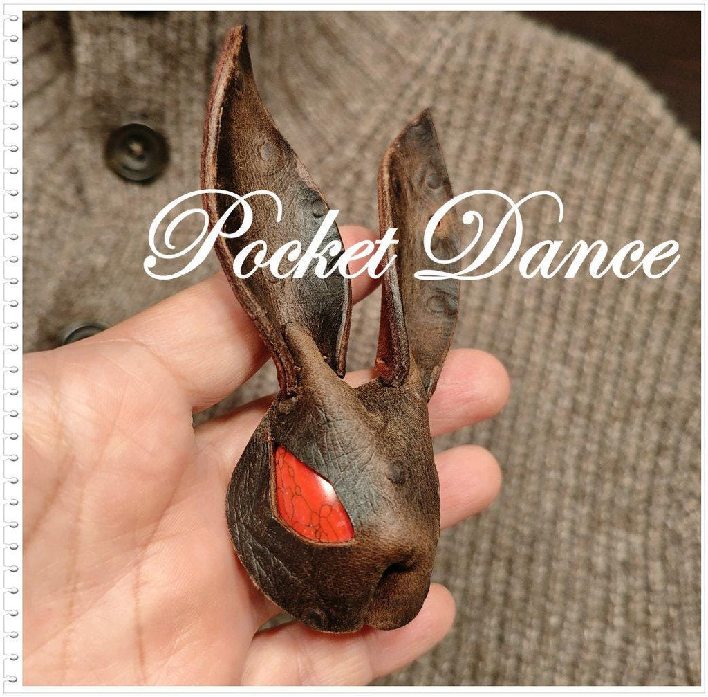 Handmade Leather Rabbit Keychain or Brooch: Brown Bunny Keyring with Red Stone Eyes