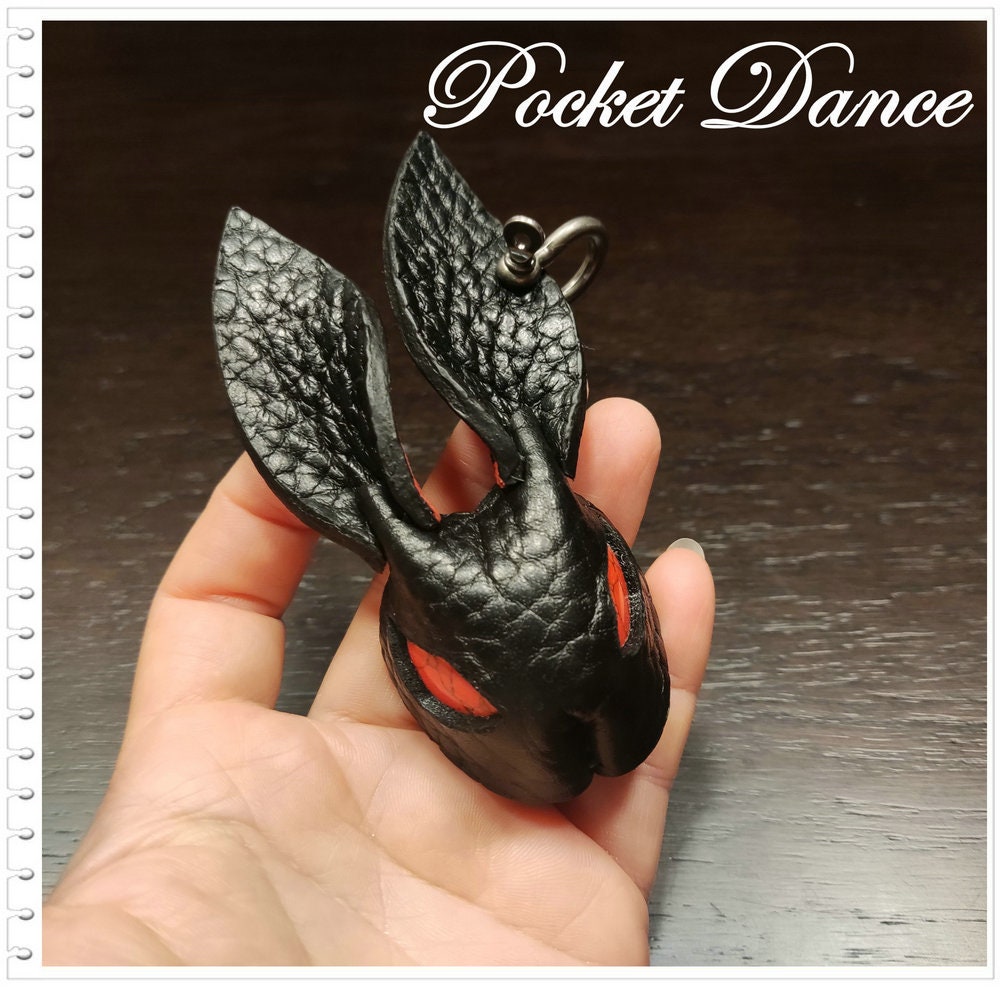 Handmade Leather Rabbit Keychain: Black Bunny Keyring with Red Stone Eyes