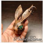 Handmade Leather Rabbit Keychain & Brooch: Green Stone Eyes