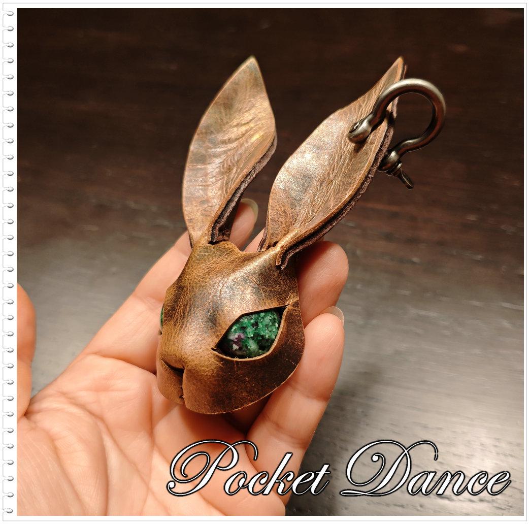 Handmade Leather Rabbit Keychain & Brooch: Green Stone Eyes