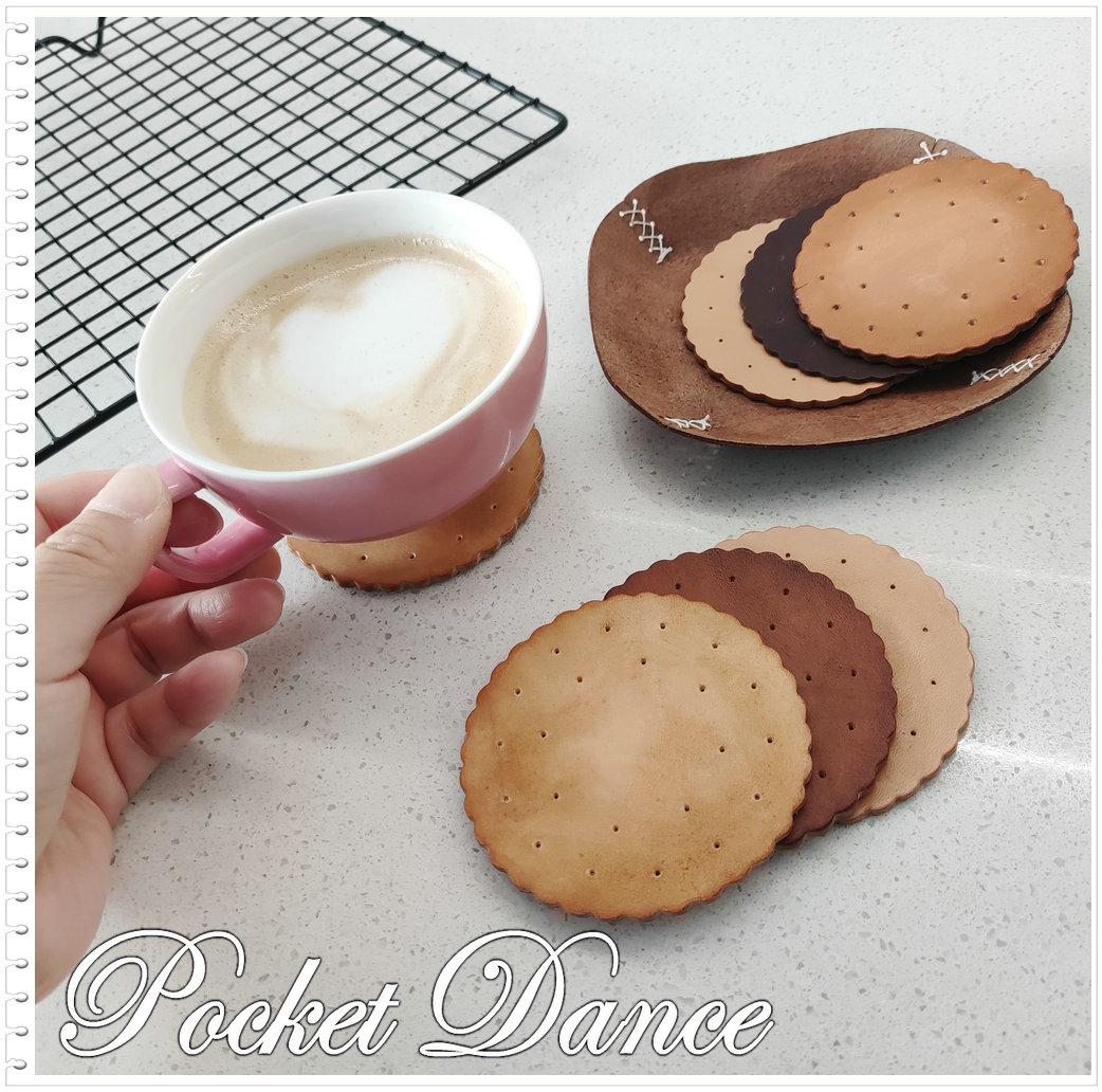 Handmade Leather Cookie Coaster Set, Unique Coffee Lover Gift