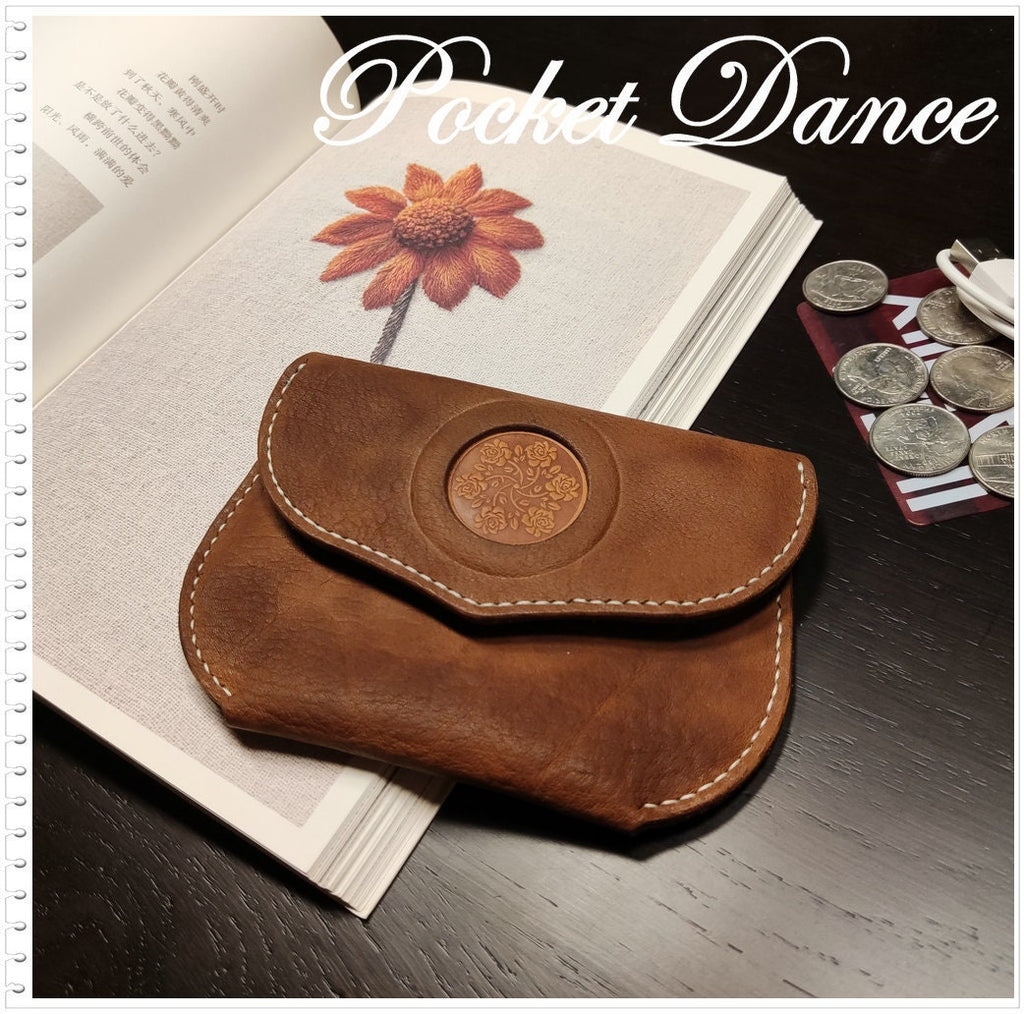 Handmade Rose Engraved Leather Coin Purse: Small Card Wallet