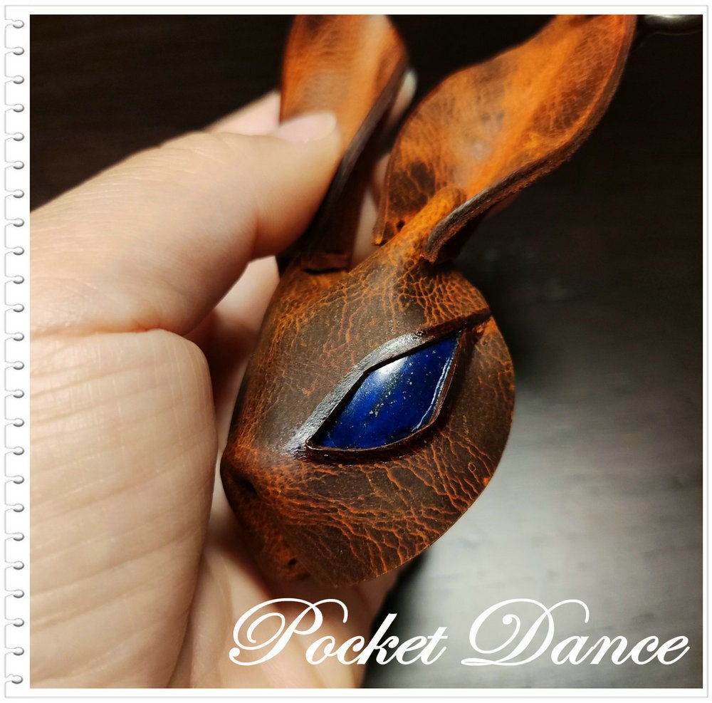 Handmade Leather Rabbit Keychain: Royal Blue Stone Eyes