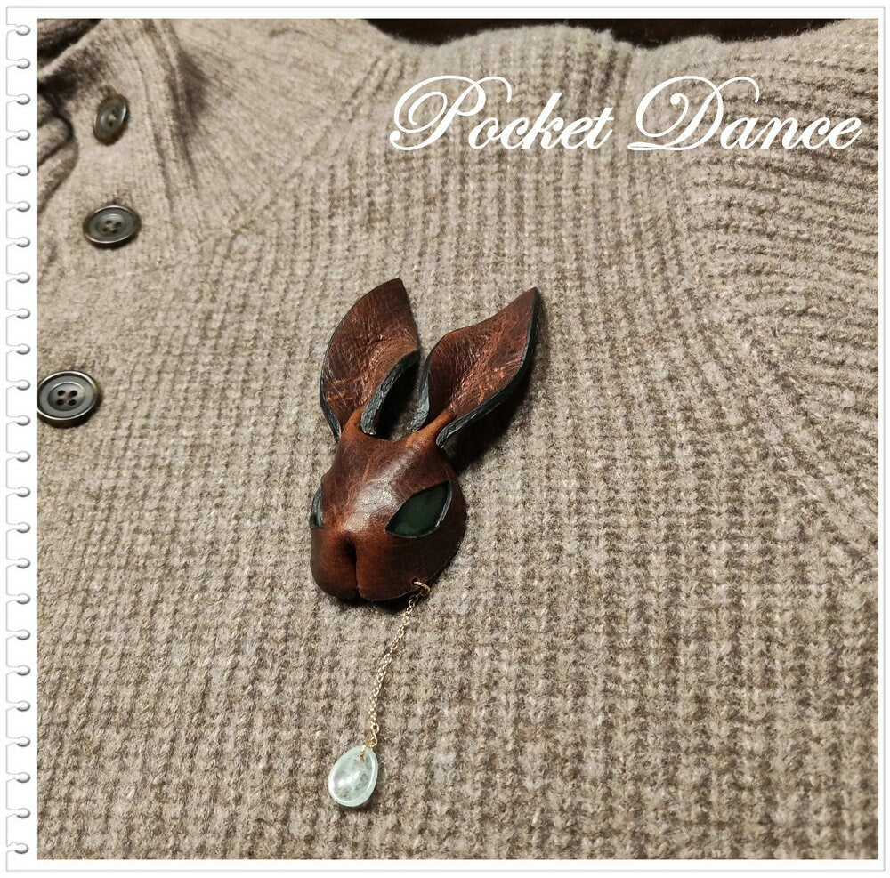 Handmade Leather Rabbit Brooch: Green Stone Eyes, Bunny Keychain