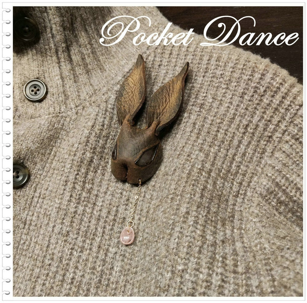 Handmade Leather Rabbit Brooch: Natural Stone Accent, Keyring Option