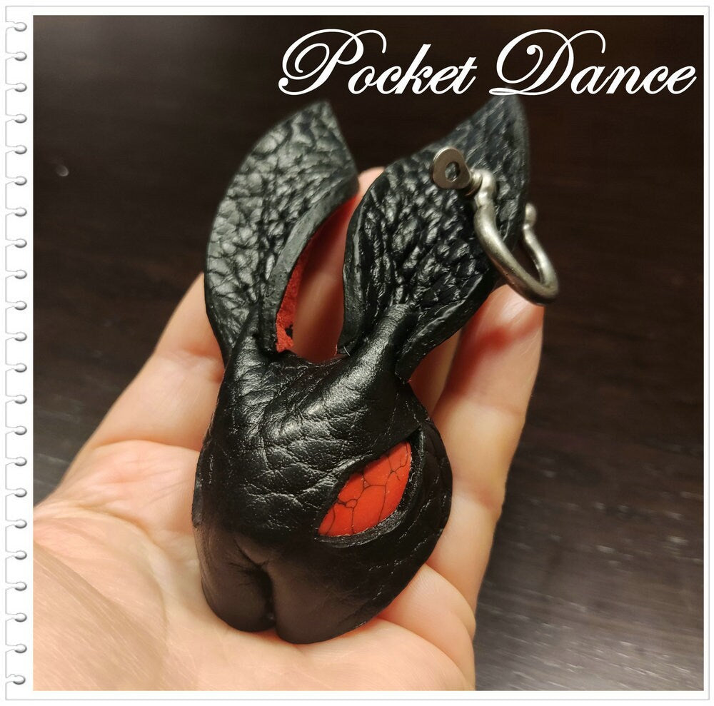 Leather Black Rabbit Keychain with Red Eyes