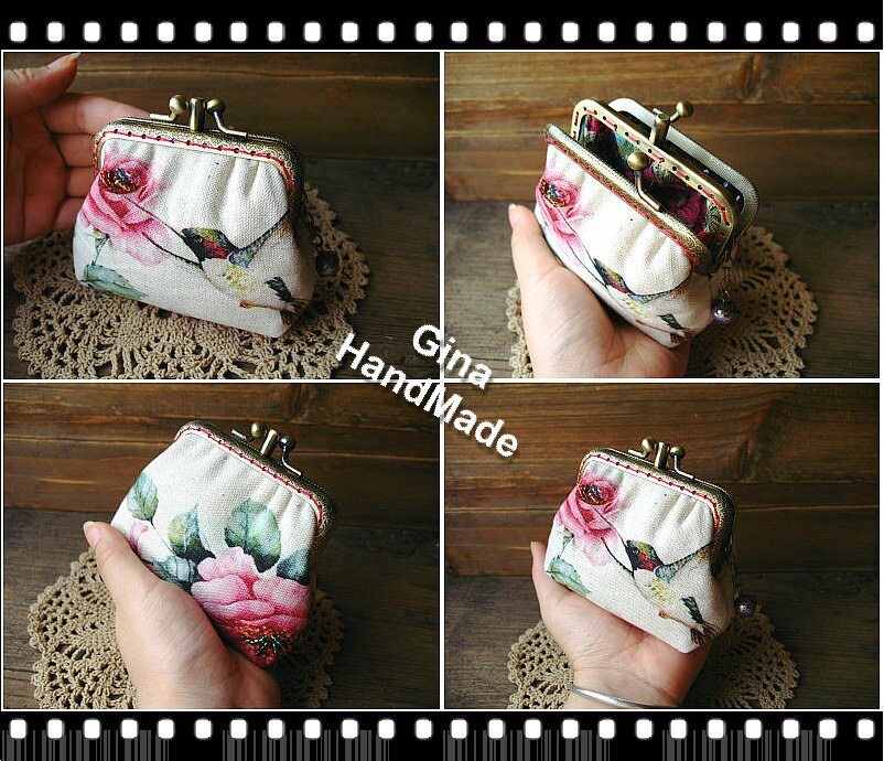 Handmade Hummingbird Kiss Lock Coin Purse: Card Wallet Lipstick Pouch