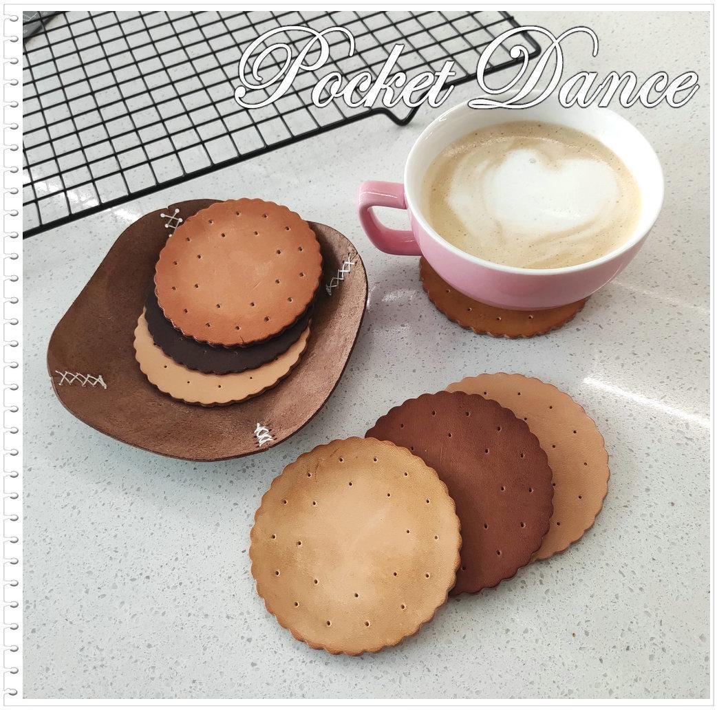 Handmade Leather Cookie Coaster Set, Unique Coffee Lover Gift