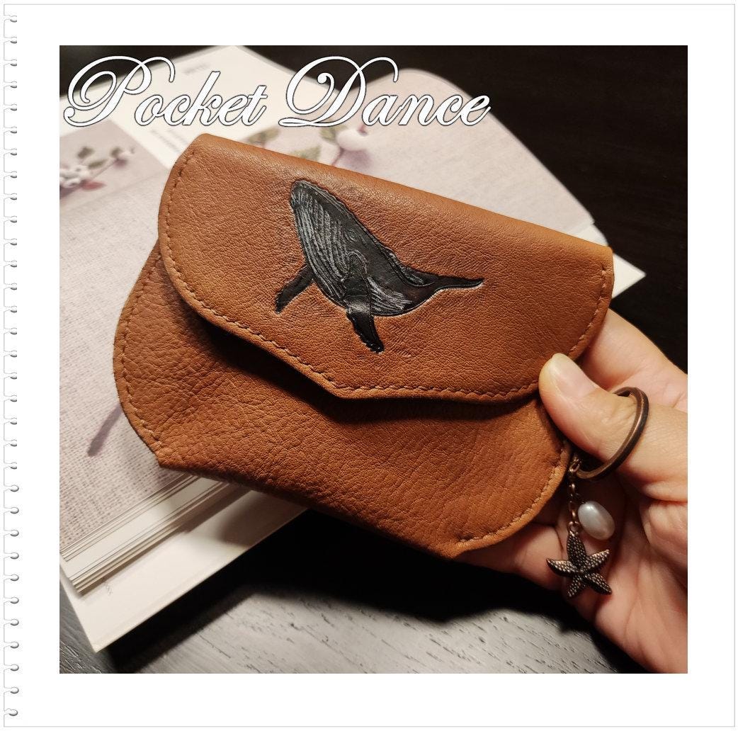 Handmade Leather Coin Purse: Embossed Whale Card Wallet