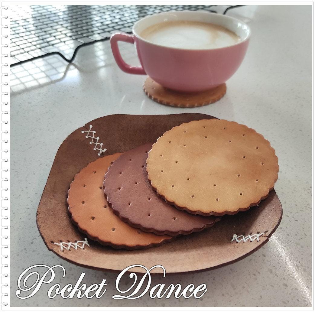 Handmade Leather Cookie Coaster Set, Unique Coffee Lover Gift