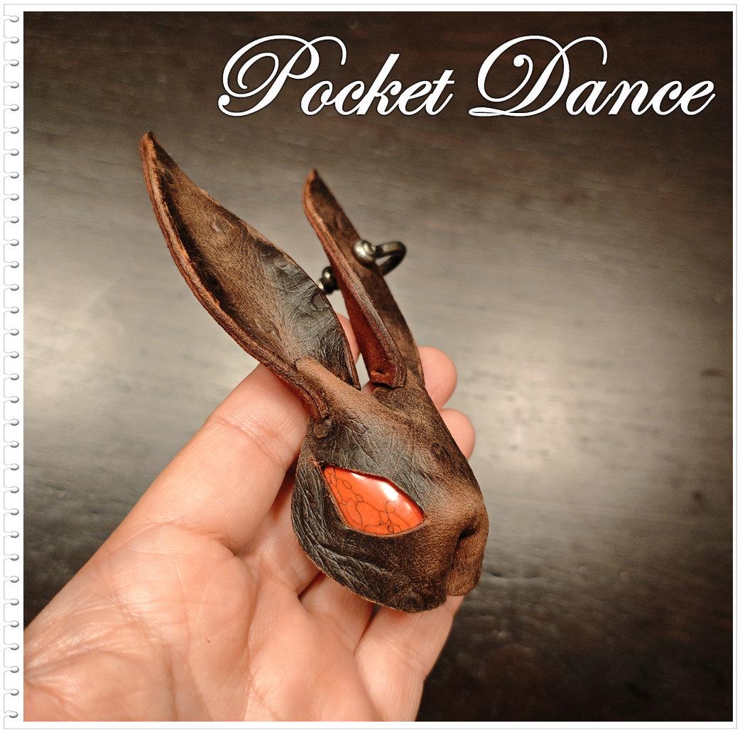 Handmade Leather Rabbit Keychain or Brooch: Brown Bunny Keyring with Red Stone Eyes