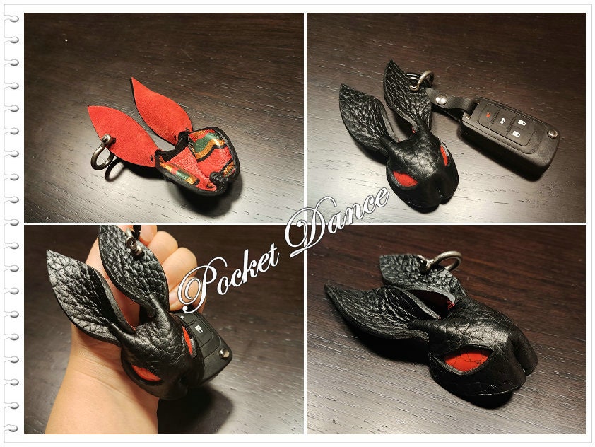 Handmade Leather Rabbit Keychain: Black Bunny Keyring with Red Stone Eyes