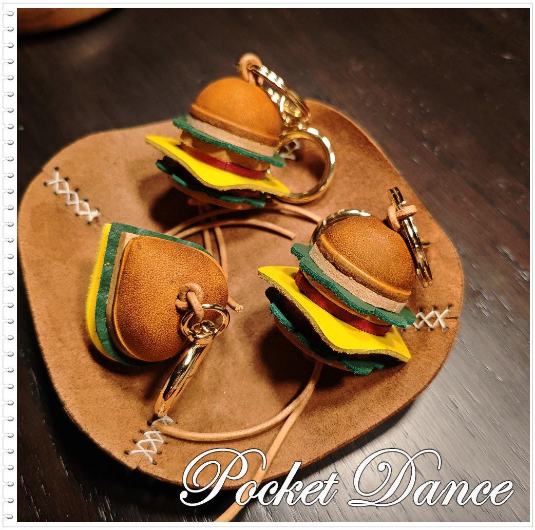 Leather Hamburger keychain, Cheeseburger bag charm, food gifts