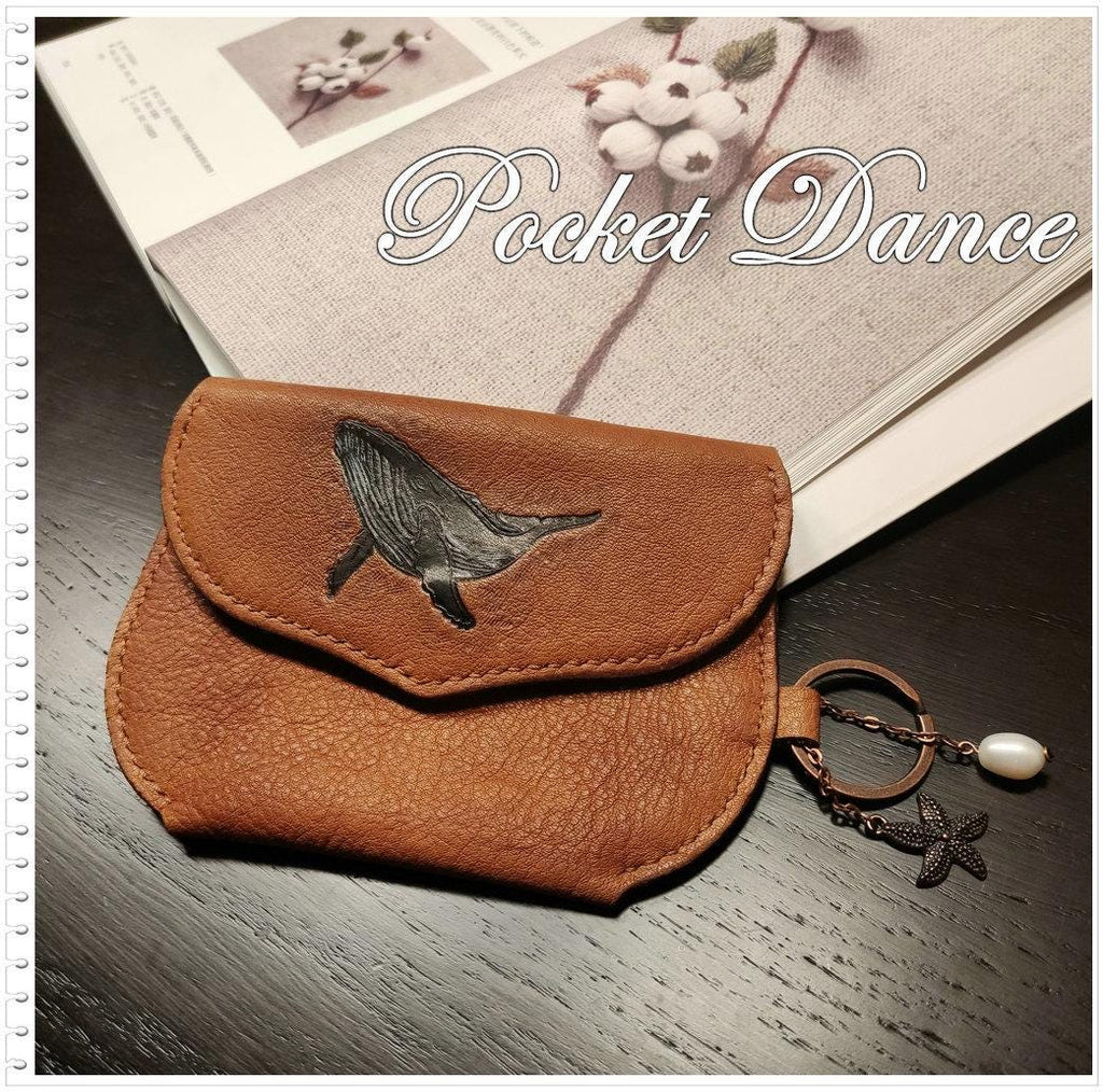 Handmade Leather Coin Purse: Embossed Whale Card Wallet