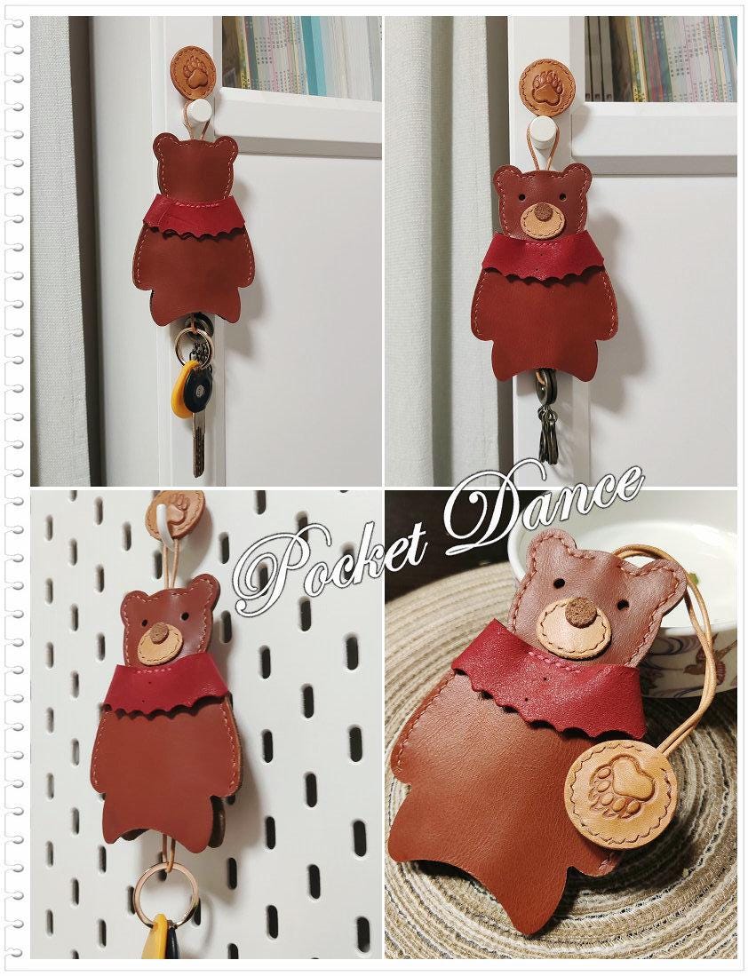 Leather teddy bear key bag, bear key holder, leather bear keychain, key leather cover case cute, cute bag charms Kids Gifts