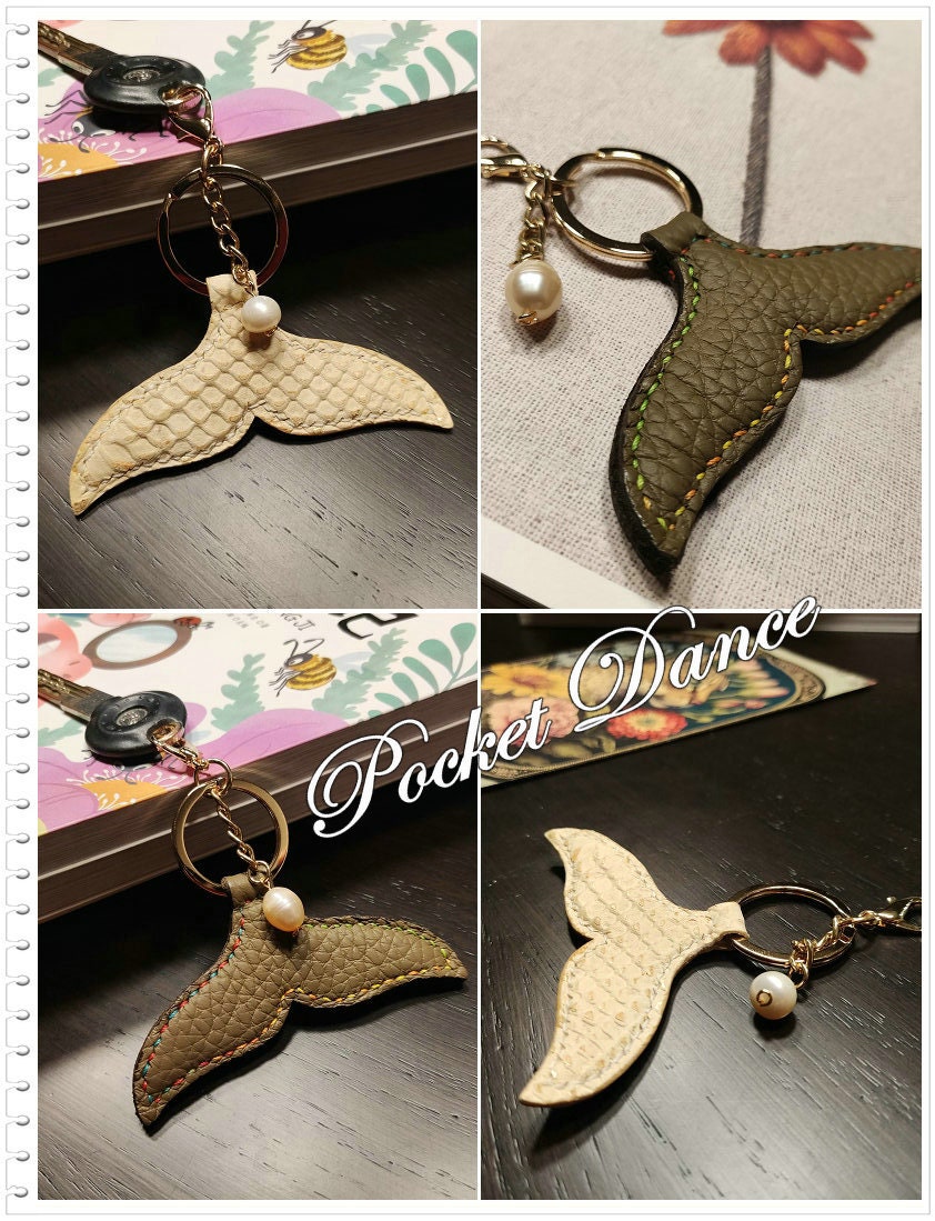 Handmade Leather Mermaid Tail Keychain: Pearl Keyring Bag Charm