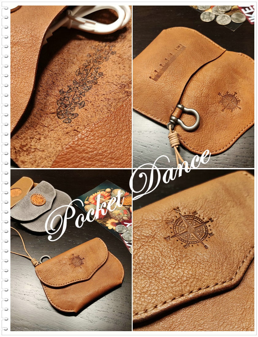 Handmade Leather Coin Purse: Compass Embossed Card Wallet