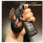 Handmade Leather Rabbit Keychain: Black Bunny Keyring with Red Stone Eyes