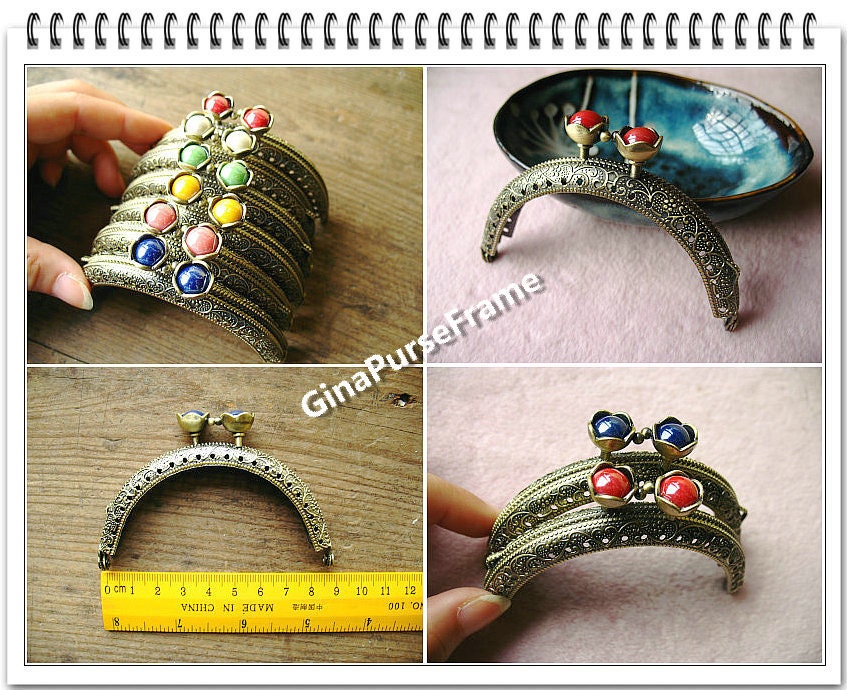 Embossed Metal Purse Frame: Antique Brass with Flower Bead (6 Colors)
