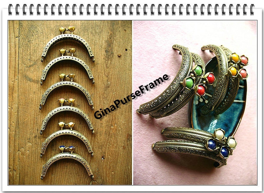 Embossed Metal Purse Frame: Antique Brass with Flower Bead (6 Colors)