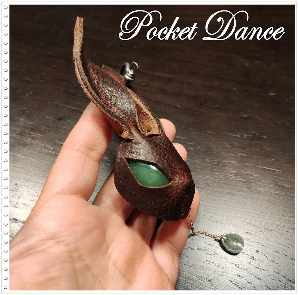 Handmade Leather Rabbit Keychain with Green Stone Eye