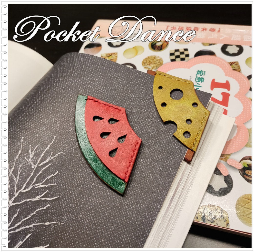 Handmade Leather Corner Bookmark: Cheese & Watermelon Design