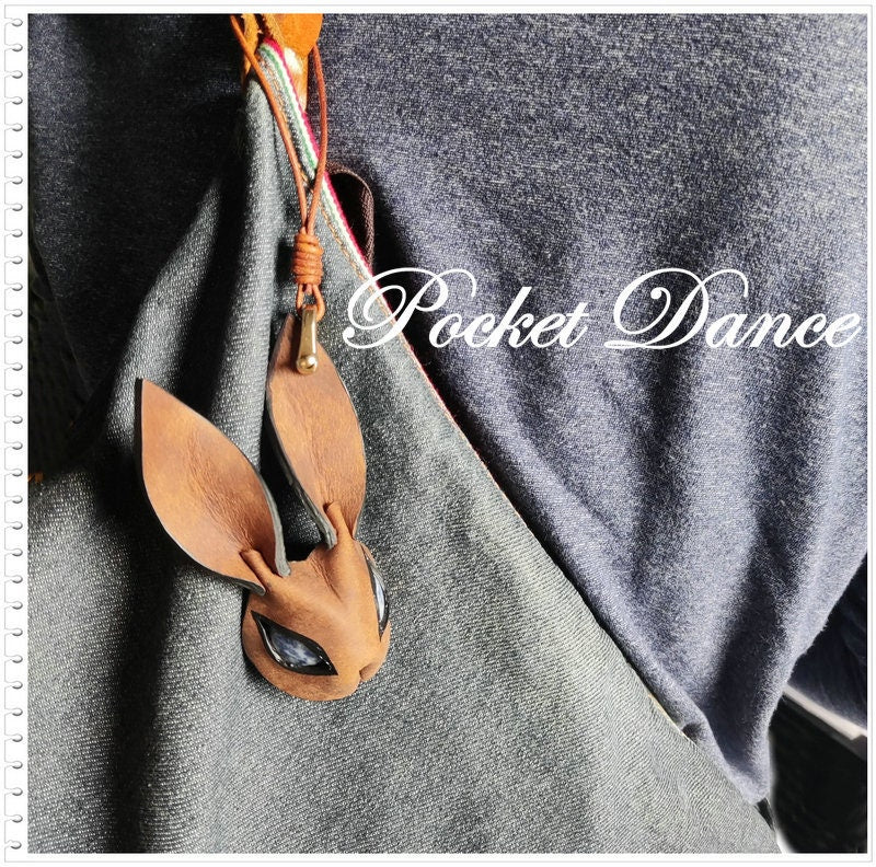 Handmade Gray Leather Rabbit Keychain: Stone Eye Bunny Keyring