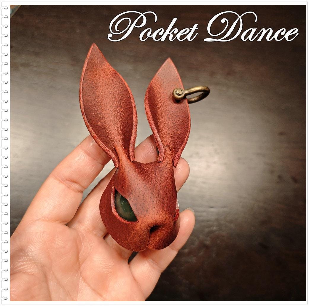 Handmade Leather Rabbit Keychain or Brooch: Unique Green Stone Eyes Bunny Pin Keychain Charm