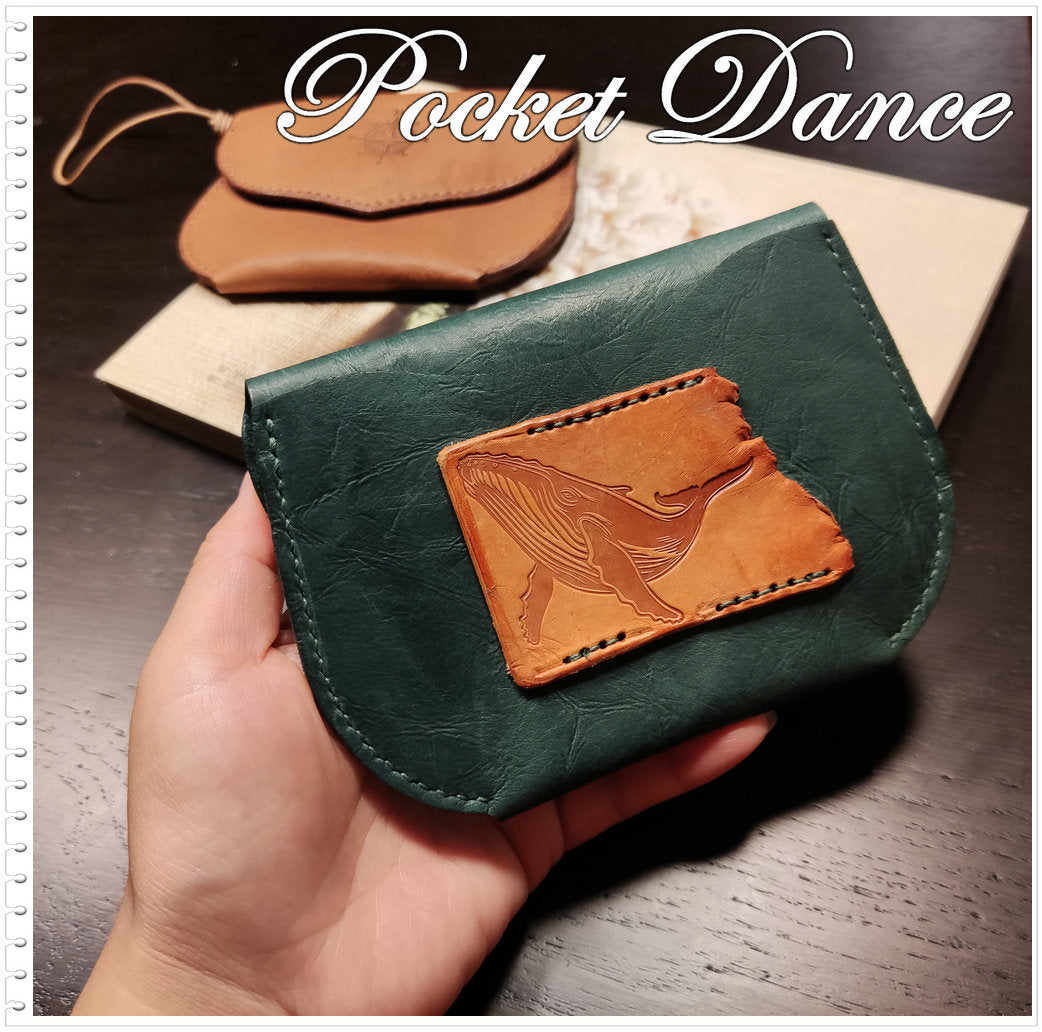 Handmade Green Leather Coin Purse: Embossed Whale Design