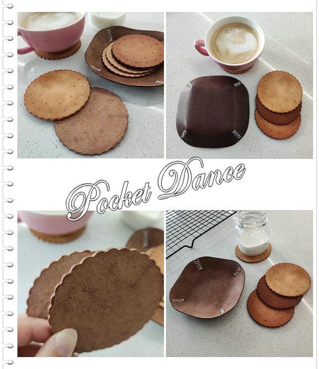 Handmade Leather Cookie Coaster Set, Unique Coffee Lover Gift