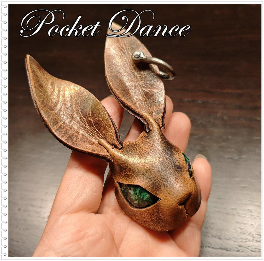Handmade Leather Rabbit Keychain & Brooch: Green Stone Eyes