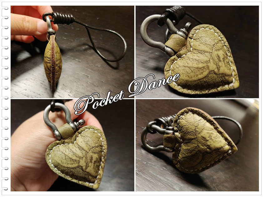 Handmade leather green-scar heart key ring, leather keychain , leather key holder, leather key fob, cool charms