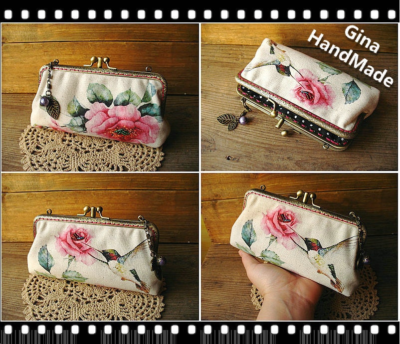 Handmade Peony & Hummingbird Coin Purse: Kiss Lock Clutch Wallet