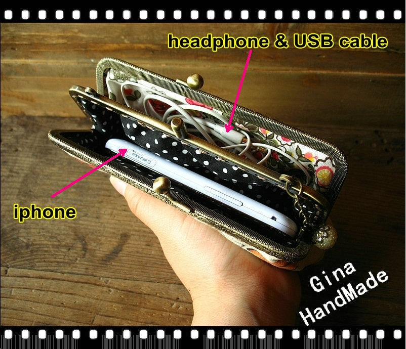 Handmade Peony & Hummingbird Coin Purse: Kiss Lock Clutch Wallet