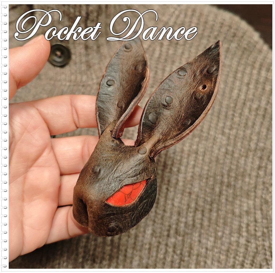 Handmade Leather Rabbit Keychain or Brooch: Brown Bunny Keyring with Red Stone Eyes